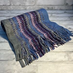 Wool blend scarf 9 in by 64 in fringe blue gray purple pink lightweight striped